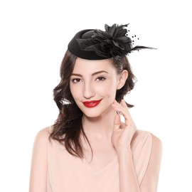 JELIEE Fascinators Hats Pillbox Hat with Veil Vintage Fascinators for Women Tea Party Hats with Flower Feather Dress Hat Pillbox Derby Hat Fascinator Bridal Wedding Veil Black