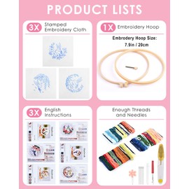 TINDTOP Embroidery Kit for Adult for Beginners, 3 Sets Hummingbird Embroidery Kit for Beginners Include Embroidery Cloth Hoops Threads for Craft Lover with Embroidery Skill Techniques