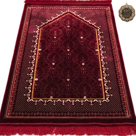 Modefa Velvet Prayer Rug | with Car Hanger | Janamaz Sajjadah Musalla | Thick Plush Wide - Topkapi (Red)