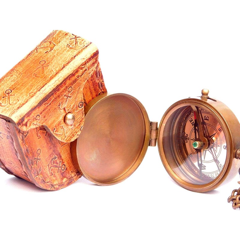 GROW OLD WITH ME ENGRAVED BRASS COMPASS ON CHAIN WITH
