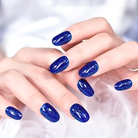 LINSSQ Shimmer Dark Blue Press on Nails Gel Tips, Medium Length Oval False Nails, Beauty Glossy Glitter Manicure Reusable UV Gel Fake Fingernails Nail Art Tips for Daily Office Party