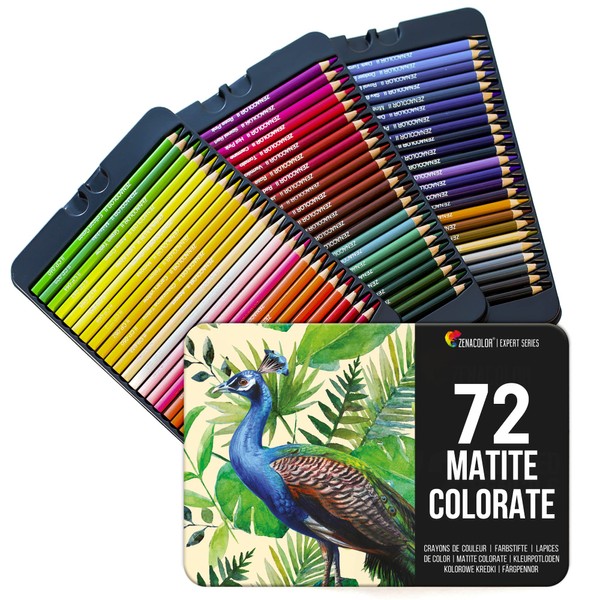 Zenacolor 72 Coloured Pencils (Numbered) with Metal Box 72 Unique Colours for Drawing and Coloring Books - Easy Access with 3 Trays - Ideal for Artists