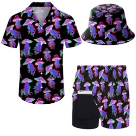Wdpsuxin Mens 2 Piece Hawaiian Shirt And Shorts，Mushroom Rave Outfits Matching Set Shirt And Compression Liner Shorts With Bucket Hats For Beach Vacation Large