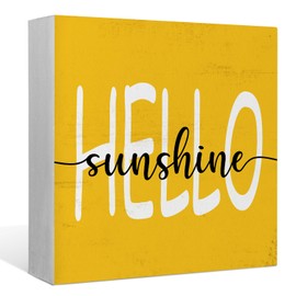 Hello Sunshine Mustard Wood Box Sign - Rustic Summer Wooden Block Signs for Home, Living Room, Garden, Wall, Tabletop, Shelf Decor