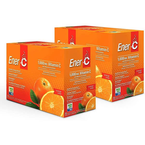 Ener-C - Vitamin C Immune Support, 1000mg Vitamin C Effervescent Multivitamin Drink Powder, Fruit Juice Vitamin C Drink Mix for Hydration with Electrolytes, Orange, 60 Packets (2-Pack)