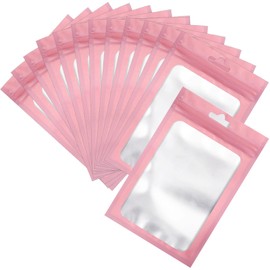 100 Pcs Resealable Mylar Bags, Sealable Odor Proof Foil Pouch Bag with Clear Window, Small Bussiness Packaging Supplies (Pink, 4.7 X 7.9 Inch)
