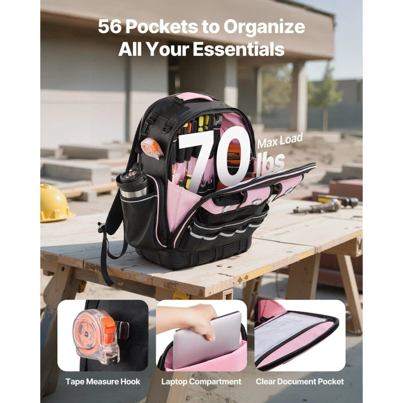 Jobsite Backpack 56 Pockets Tear Resistant Electrician Tool Bag Water