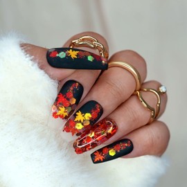 10 Pcs Handmade Press on Nails (Medium, Last Falling Leaves- Matte Black With Golden And Red Holo Leaves Glitter Sealed In - Bellerina) A053M
