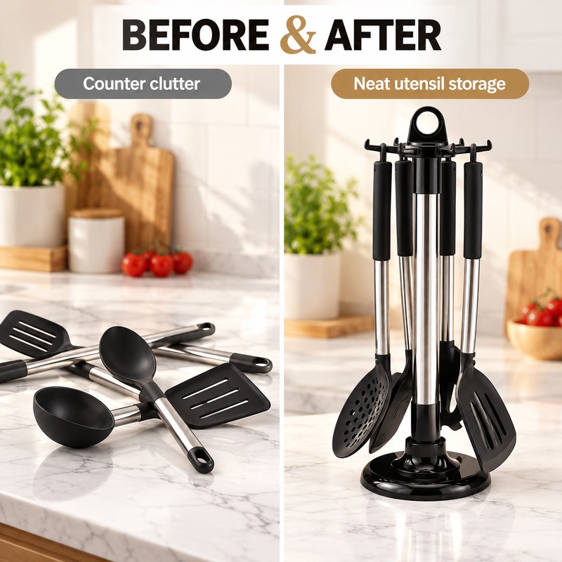 Stainless Steel Rotating Utensil Rack with 6 Hooks – 360°