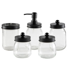 Mason Jar Bathroom Accessories Set – 5-Piece Bathroom Set with Toothbrush Holder, Soap Dispenser, Canister, and 2 Small Jars by Lavish Home (Black)