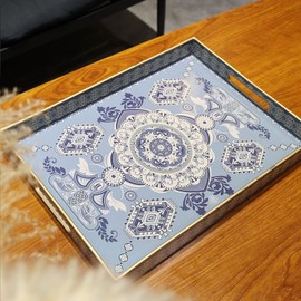 Omuriko Rectangle Plastic Serving Tray with Handles, Elegant Decorative Tray for Coffee Table, Ottoman, Living Room, Kitchen, Outdoor Use. 12"*16"*1.6" B