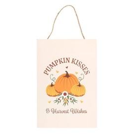 Pumpkin Kisses & Harvest Wishes Hanging Sign – Cozy Autumn Decor with Pumpkin Design – Sturdy MDF, Perfect for Doors, Walls, or Windows