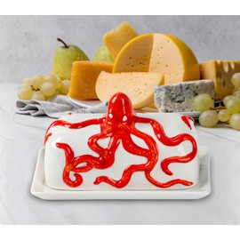 Octopus Butter Dish With Lid For Countertop Ceramic Butter Dish With Cover Red Butter Tray With Lid Butter Holder Large Butter Container For Counter