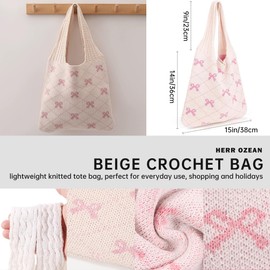 Herr Ozean Beige Crochet Bag with Pink Bows, Bow, Shopping Bag for Women, Crochet Bag, Tote Bag, Shoulder Bag, Lightweight Tote Bag for Women Shopping, pink, L