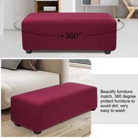 PiccoCasa High Stretch Ottoman Cover with Elastic Bottom, Soft Slipcover Jacquard Fabric Small Checks Rectangle Storage Stool Cover Furniture Covers Burgundy X-Large