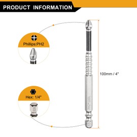 HARFINGTON 2pcs Impact Phillips Screwdriver Bit PH2 (#2) Anti Slip Tip 1/4" Hex Shank 4" (100mm) Long Magnetic Cross Screw Driver Industrial Power Drill Bits