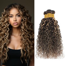 Biliisyff Ombre Human Hair P4/613 Bundles Brown Kinky Curly Human Hair Highlight Kinky Curly Brazilian Two Tone Brown Mixed With Blonde Bundles 18 20 22 Inch