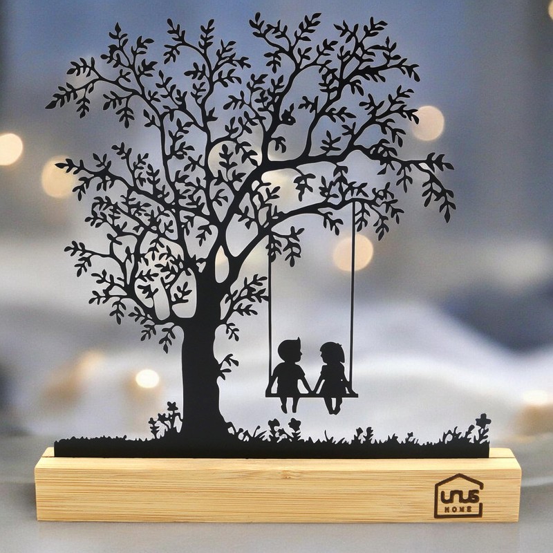 UNUS Decorative Tree Stand, Children on the Swing, Black Metal
