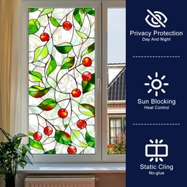 HOMETITUTE Green Leaf Vine Window Film Cherry Stained Glass Decorative Window Cling Privacy Static Sticker Privacy Glass Film for Bathroom Kitchen Door Natural Botanical Style Decor 17.7 x 39.3 Inch