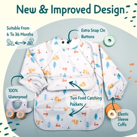 Kiddaroo Baby Bibs – Baby Weaning Bib with Sleeves – Waterproof Baby Bibs 6-12 Months for Baby Feeding – Coverall Bibs for Baby Led Weaning – Toddler Bibs - Toddler Apron - Dribble Bibs (Grey)