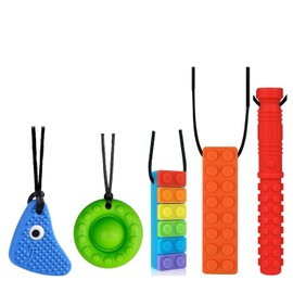 Collares masticables para niños sensoriales, paquete de 5 juguetes sensoriales de silicona para masticar de múltiples estilos, collar masticable, ayudas motoras sensoriales, joyería masticable de