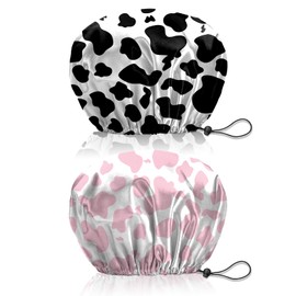 BHAHB 2 PCS Shower Cap Reusable Waterproof Double Layer Elastic Adjustable Hair Bath Caps Cute Aesthetic for Women Girls-Cow leopard