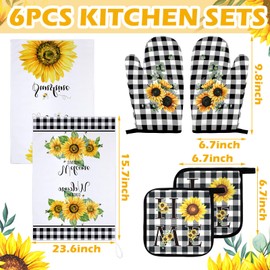 Bencailor Bencailor 6 Pcs Kitchen Decor Pot Holders Oven Mitts 2 Dish Towels 2 Farmhouse Cooking Mittens Oven Glove 2 Potholder for Baking Cooking Grilling Supply Accessories(Yellow,Sunflower)