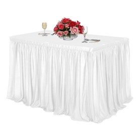 6ft White Table Skirts for Rectangle Tables Polyester Desk Skirt Ruffle Cloth Tablecloth Tableskirt for Wedding Birthday Party Baby Shower Dessert Table Decorations