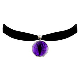 Victorian Vault Cat Dragon Eye Black Velvet Choker Steampunk Gothic Pendant Necklace (Purple)