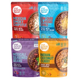 The Good Bean Heat and Eat Pouch - Variety Pack - (Pack of 4) 10 oz Pouch - Mexican Smoky Chipotle, Low-Carb Classic Chili, Mexicali Seasoned Beans, and Indian Coconut Curry