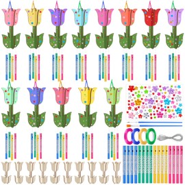 MiniInflat 24 Sets Spring Tulip Wind Chime Making Kit Make Your Own Tulip Wind Chime Arts and Crafts Wooden Ornaments DIY to Paint Tulip Craft for Spring Activity Birthday Party Supplies