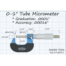 Shars 0-1" Tube Micrometer with Pin Anvil, .0001" Graduation 303-2350 P