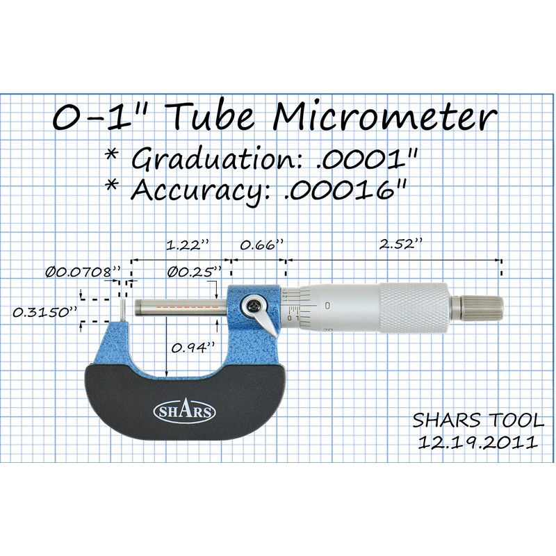 Shars 0-1" Tube Micrometer with Pin Anvil, .0001" Graduation 303-2350