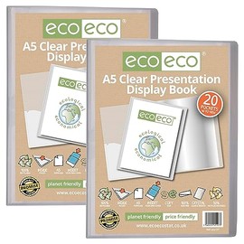 eco-eco A5 Size 50 Percent Recycled 20 Pocket Clear Presentation Display Book, Storage Case Portfolio Art Folder with Plastic Sleeves, Pack of 2, eco127x2