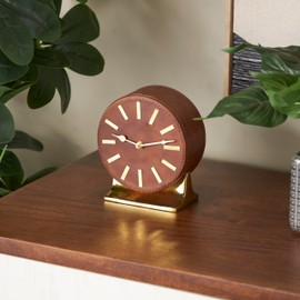 Deco 79 Faux Leather Round Clock with Gold Rectangular Base, 6" x 4" x 7", Brown