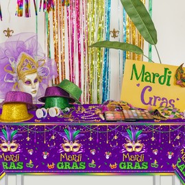 CMUSKO 3Pcs Mardi Gras tablecloths-Masquerade Mask Party Supplies Mardi Gras Purple Plastic Table Cover Masquerade Carnival Table Decorations for Party