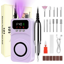 TPQKA PurpleNail 2 in 1 Nail Drill with UV Light, Professional Electric Nail File Kit 40000RPM, Rechargeable Manicure Pedicure Tools Set with 12 Bits & Lamp for Acrylic Gel Nails (Purple Silver)