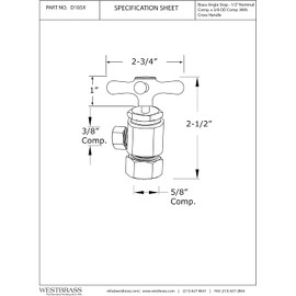 Westbrass D105X-62 Cross Handle Angle Stop Shut Off Valve, 1/2" Copper Pipe Inlet with 3/8" Compression Outlet, Matte Black