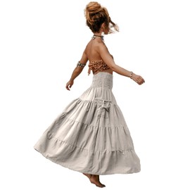 Thaluta Maxi Boho Skirt Long Pockets Cotton Hippie Bohemian Elastic Waist Gypsy Skirt (Ivory)