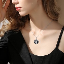 CUPENDA Viking Compass Necklace Sterling Silver Vegvisir Pendant Necklace with Black Onyx Norse Amulet Jewelry Gift for Women Men