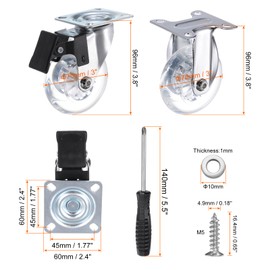 PATIKIL 3" Rigid Caster Wheels, 4 Pack Silent Fixed Plate Casters with Screws Load Capacity 265Lbs for Furniture Cart Trolley One Direction Rolling, Clear(1 with Brake, 3 Without Brake)