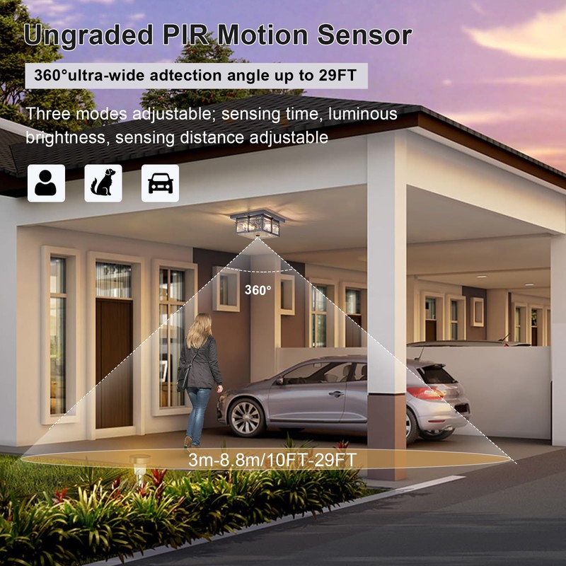 Motion Sensor Outdoor Flush Mount Ceiling Light, Industrial Glass Rustic