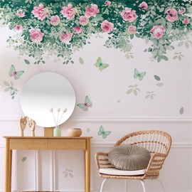 Flower Vine Stickers Fresh Green Plants Wall Stickers Rose Wall Wisteria Hanging Plants Butterfly Ceiling Wallpaper Living Room Bedroom Wall DIY Stickers Removable