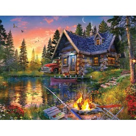 Springbok Sun Kissed Cabin 500 Piece Jigsaw Puzzle for Adults Features a Fishing Cabin by The Lake in a Colorful Illustration