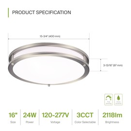 ASD LED 16" Round Flush Mount Lighting, Close to Ceiling Light Fixture | 3CCT, Dimmable, Energy Star, ETL Listed | 24W 2118LM 3000-5000K 100-277V | Low Profile Double Ring Lamp | Nickel