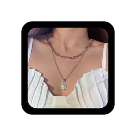 Iaceble Boho Layered Lock Choker Necklace Silver Paperclip Chain Necklace Crystal Lock Pendant Necklace CZ Padlock Necklace Chain Jewelry for Women