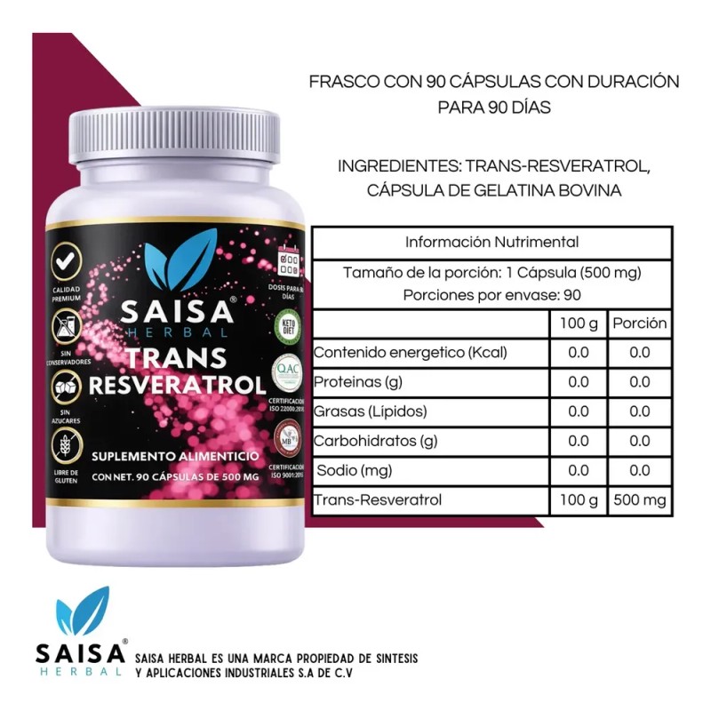 Trans-Resveratrol 100% Puro | 90 Cápsulas | Antioxidante Premium Saisa