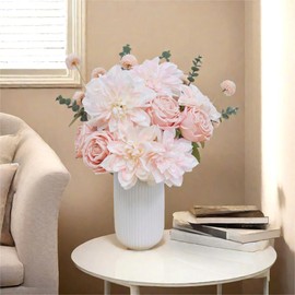 SHINE-CO LIGHTING Artificial Flower Arrangement Silk Dahlia Bridal Bouquet Faux Roses for Wedding Decor Home Realistic Fake Flowers