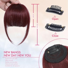 ELEFOCUS Clip in Bangs Real Human Hair Burgundy 100% Human Hair French Bangs Fake Bangs Hair Clip on bangs for women Fringe with Temples Hairpieces Curved Bangs for Daily Wear