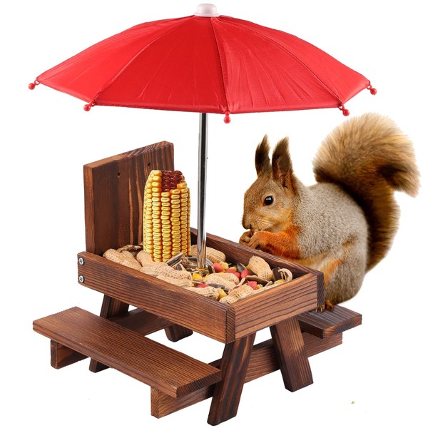 Squirrel Feeder Picnic Table with Umbrella, Wooden Squirrel Feeders for Outside with Corn Cobs, Cute Chipmunk Feeder with Solid Structure for Squirrel Gift (red)